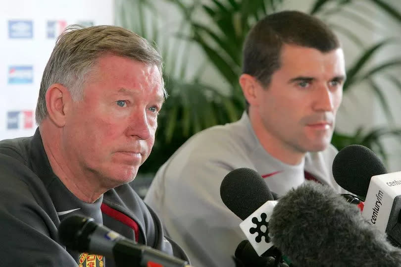 Manager Sir Alex Ferguson and Roy Keane of Manchester United attend a press conference ahead of the FA Cup Final at Carrington Training Ground on May 18, 2005