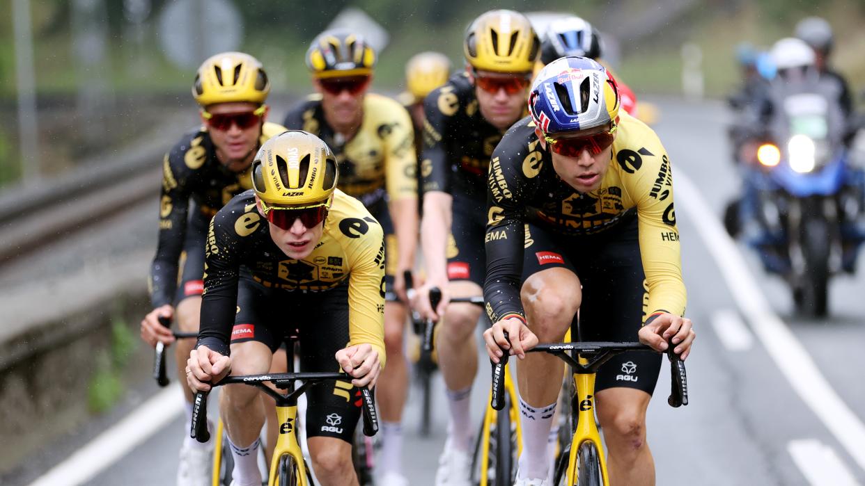  Jonas Vingegaard of Denmark and Wout Van Aert of Belgium and Team Jumbo-Visma during the Team Jumbo-Visma training ahead of the 110th Tour de France 2023 