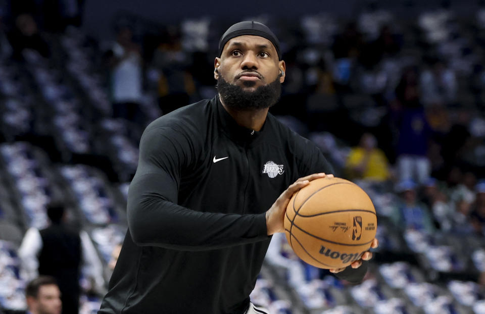 Feb 26, 2023; Dallas, Texas, USA; Los Angeles Lakers forward LeBron James (6) warms up before the game against the Dallas Mavericks at American Airlines Center. Mandatory Credit: Kevin Jairaj-USA TODAY Sports