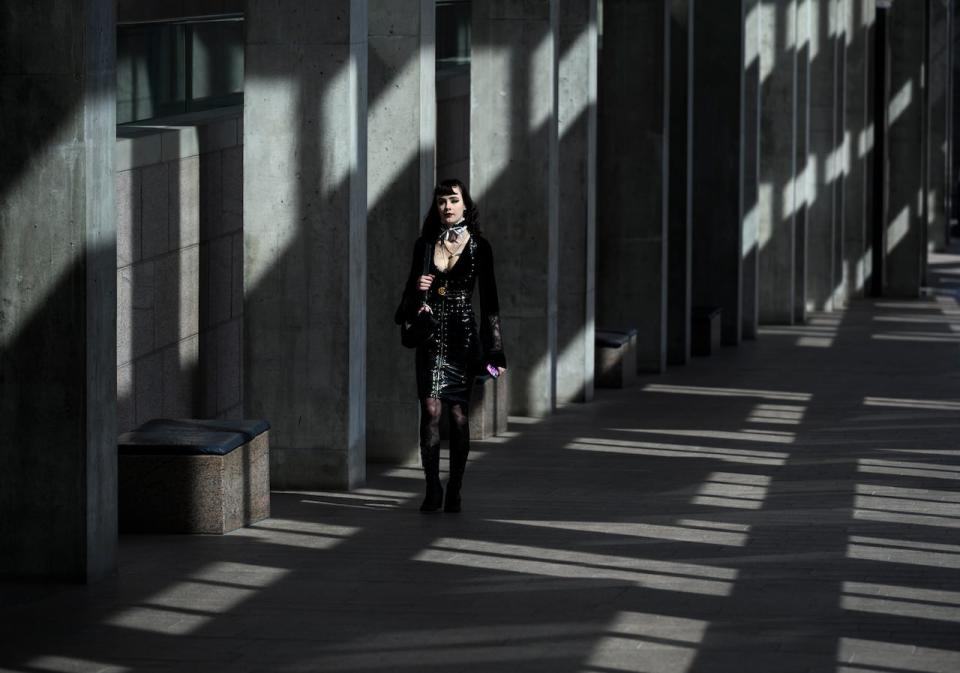 A person makes their way up the Colonnade of the National Gallery of Canada in Ottawa March 12, 2023.