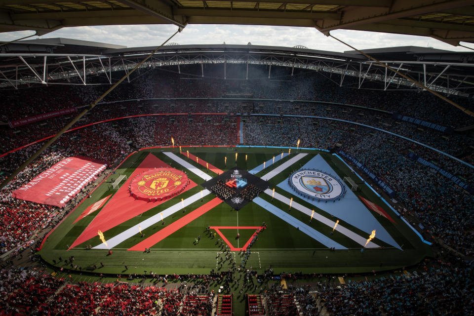 Wembley Stadium voordat City en United het tegen elkaar opnamen in de FA Cup-finale van dit jaar. (Michael Regan/The FA via Getty Images)