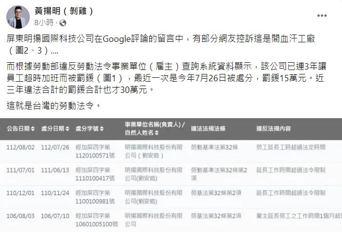 黃揚明透露，明揚國際科技公司連3年因員工加班問題遭裁罰。翻攝自黃揚明臉書