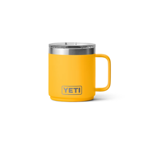 yellow thermal mug against white background