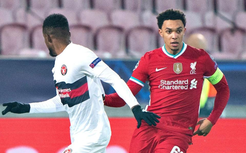 Liverpool's Trent Alexander-Arnold (R) in action during the UEFA Champions League group D soccer match between FC Midtjylland and Liverpool FC -  Shutterstock