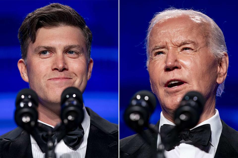 <p>Bonnie Cash/UPI/Bloomberg via Getty</p> Colin Jost, Joe Biden