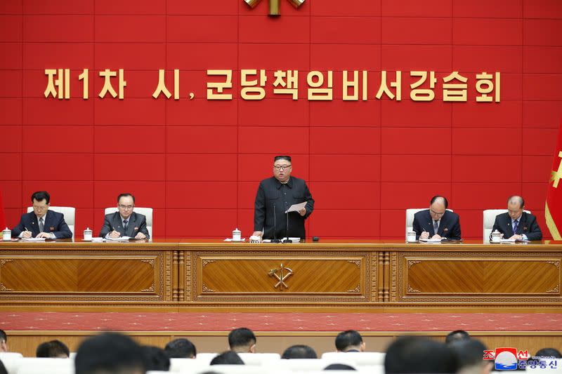 North Korea's leader Kim Jong Un speaks during the first short course for chief secretaries of the city and county Party committees in Pyongyang