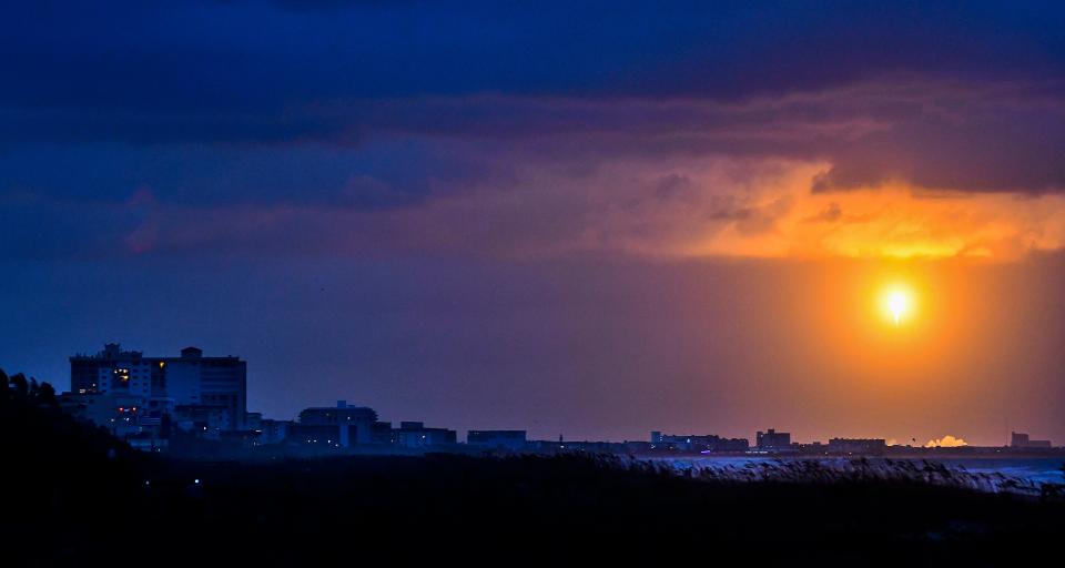 Launch of a SpaceX Falcon 9 rocket carrying 52 Starlink internet satellites before it disappeared into low hanging clouds. The rocket lifted off at 7:32 p.m. Saturday night 9/24 from Launch Complex 40 at Cape Canaveral Space Force Station.