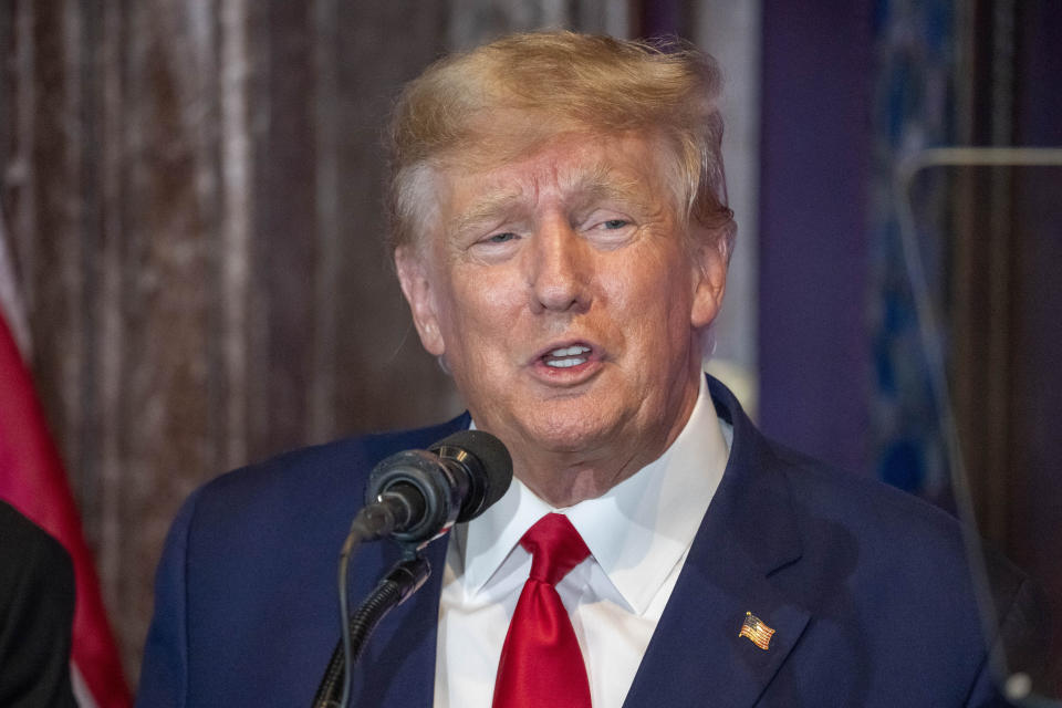 Former President Donald Trump speaks at a campaign event at the South Carolina Statehouse, Saturday, Jan. 28, 2023, in Columbia, S.C. (AP Photo/Alex Brandon)