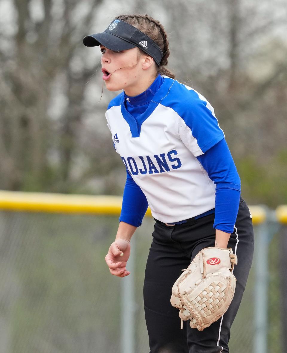 Bishop Chatard Trojans Hanna Coffel (1) yells during the game against the Guerin Catholic Golden Eagles on Wednesday, April 20, 2022, at Guerin Catholic High School in Noblesville. 