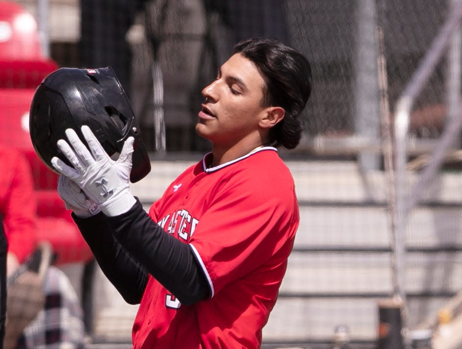 Texas Tech right fielder Damian Bravo celebrates a home run in the third inning of the Red Raiders' 9-4 home loss Saturday against Oklahoma State. The home run was the second for Bravo, who hit his first career homer Wednesday against Texas-Arlington.