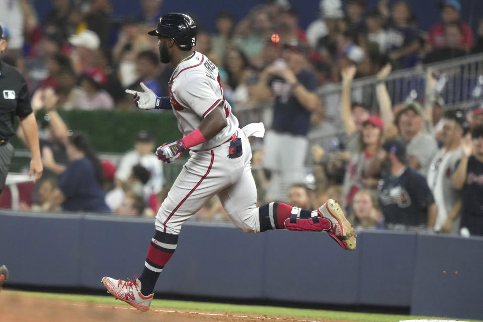 Atlanta Braves' Michael Harris II runs the bases after hitting a solo home run during the fifth inning of a baseball game against the Miami Marlins, Saturday, Sept. 16, 2023, in Miami. (AP Photo/Lynne Sladky)