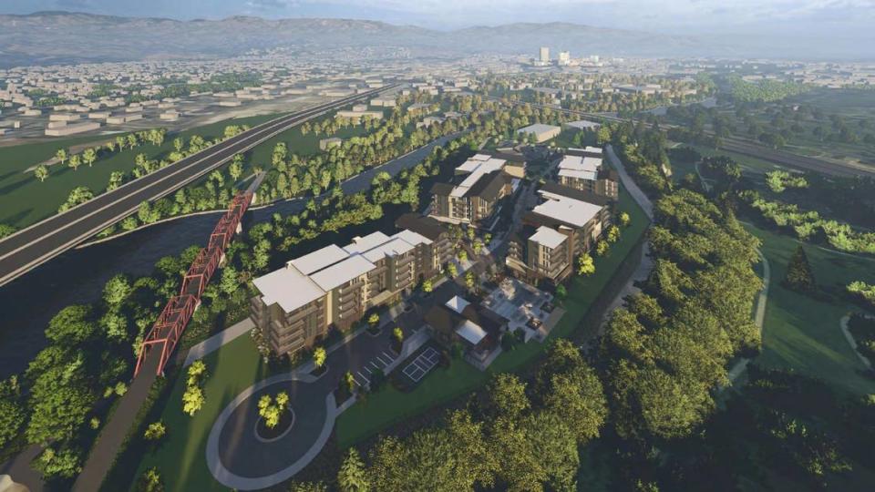 This aerial view shows Doug Jayo's proposed Americana Terrace apartments looking northeast with Kathryn Albertson Park at the bottom right and the red Boise River Greenbelt Truss Bridge at the left.