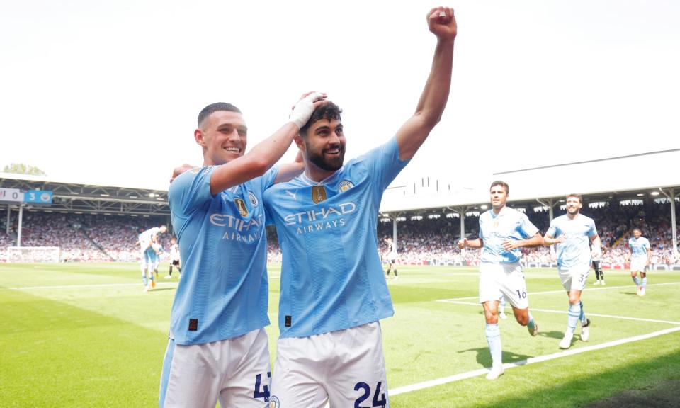 <span>Josko Gvardiol celebrates scoring Manchester City’s third goal with Phil Foden.</span><span>Photograph: Tom Jenkins/The Observer</span>