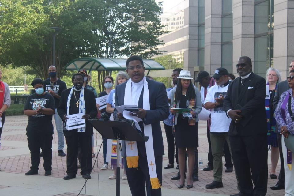 Rev. Paul McAllister speaks at a rally for Andrew Brown Jr. rally, which took place in front of the Charlotte-Mecklenburg Government Center on Tuesday, June 1, 2021. Clergy members gathered at seven rallies across North Carolina that were organized by nonprofit Repairers of the Breach.  