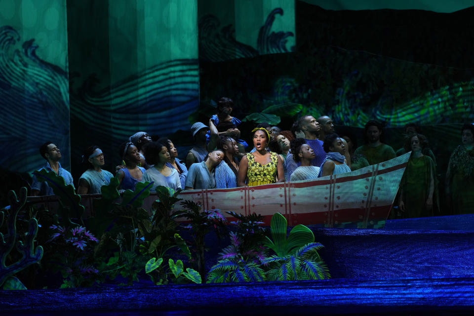 J'Nai Bridges, center, and castmates rehearse for the Metropolitan Opera's production of "El Nino," on Wednesday, April 17, 2024, in New York. “El Nino” opens April 23. (Photo by Charles Sykes/Invision/AP)