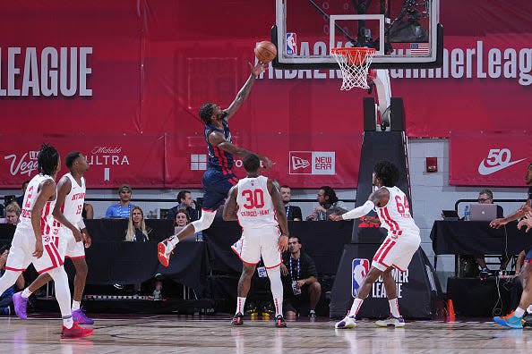 Naji Marshall of the New Orleans Pelicans goes to the basket against the Atlanta Hawks during the 2022 NBA Summer League on July 11, 2022 at the Cox Pavilion in Las Vegas, Nevada.