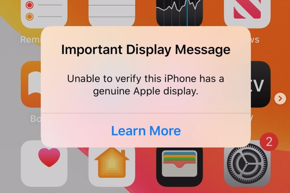 The error message seen when a third party screen is installed on new iPhones