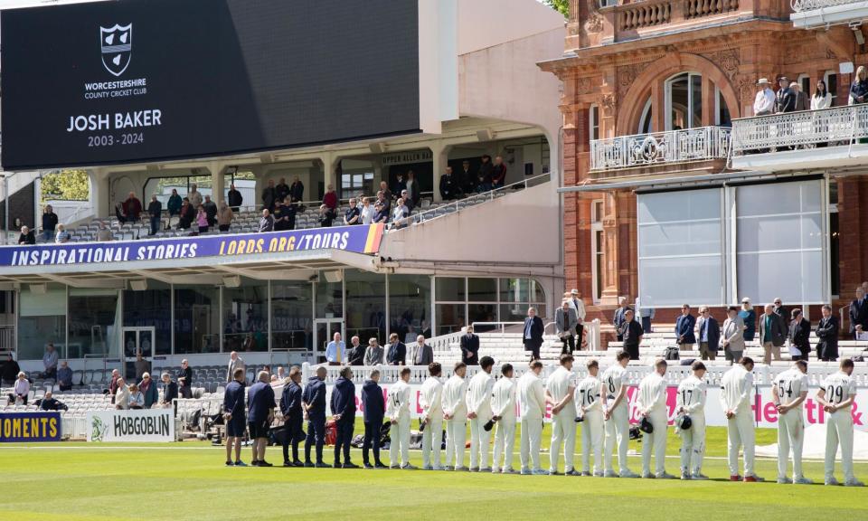 <span>A minute’s silence is observed for Josh Baker last weekend at Lord’s during Middlesex’s county match against Leicestershire.</span><span>Photograph: Ray Lawrence/TGS Photo/Shutterstock</span>