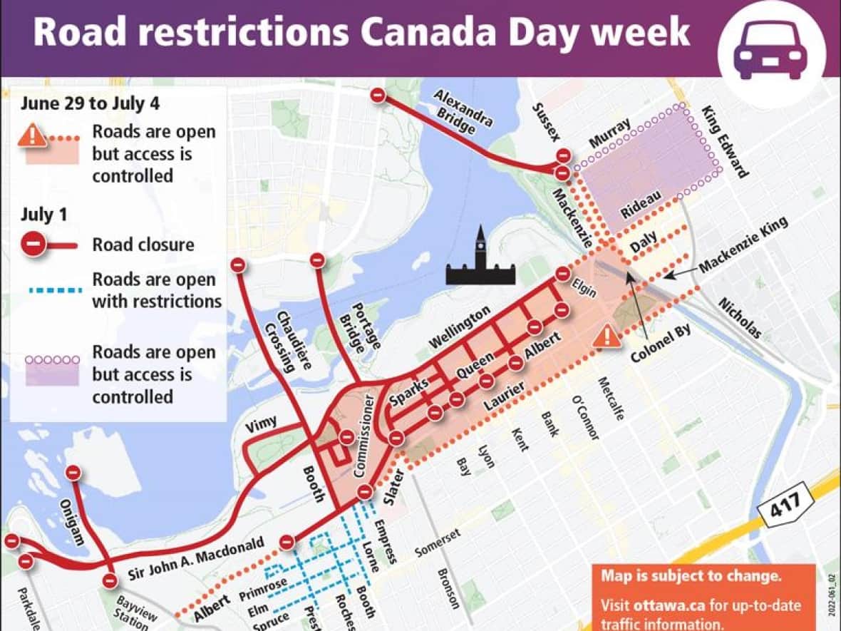 A collection of intertwined road closures, pathway closures and a motor vehicle exclusion zone planned for Canada Day mean motorists should plan ahead and expect delays.  (City of Ottawa - image credit)