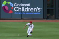 Cincinnati Reds' Shogo Akiyama fields the ball hit by St. Louis Cardinals' Kolten Wong in the fourth inning during a baseball game at Cincinnati, Monday, Aug. 31, 2020. (AP Photo/Aaron Doster)