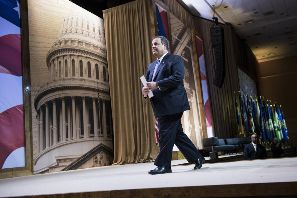 New Jersey Governor Chris Christie leaves the podium after addressing the American Conservative Union Conference(CPAC) March 6, 2014 at National Harbor, Maryland. The conference is the largest annual gathering of conservative leaders and activists, and when there's no Republican in the White House, it's a must-attend cattle call for GOP presidential hopefuls looking to pass the conference's conservative litmus test. (Photo credit should read BRENDAN SMIALOWSKI/AFP/Getty Images)