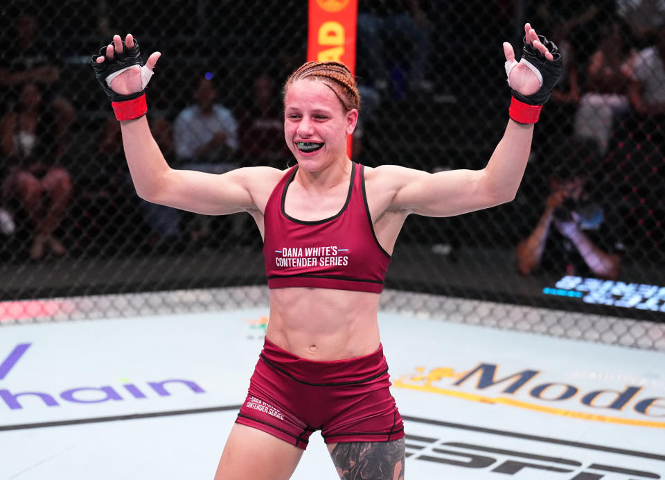 LAS VEGAS, NEVADA – SEPTEMBER 12: Julia Polastri of Brazil reacts after her submission victory over Patricia Alujas of Paraguay in a strawweight fight during Dana White’s Contender Series season seven, week six at UFC APEX on September 12, 2023 in Las Vegas, Nevada. (Photo by Chris Unger/Zuffa LLC via Getty Images)