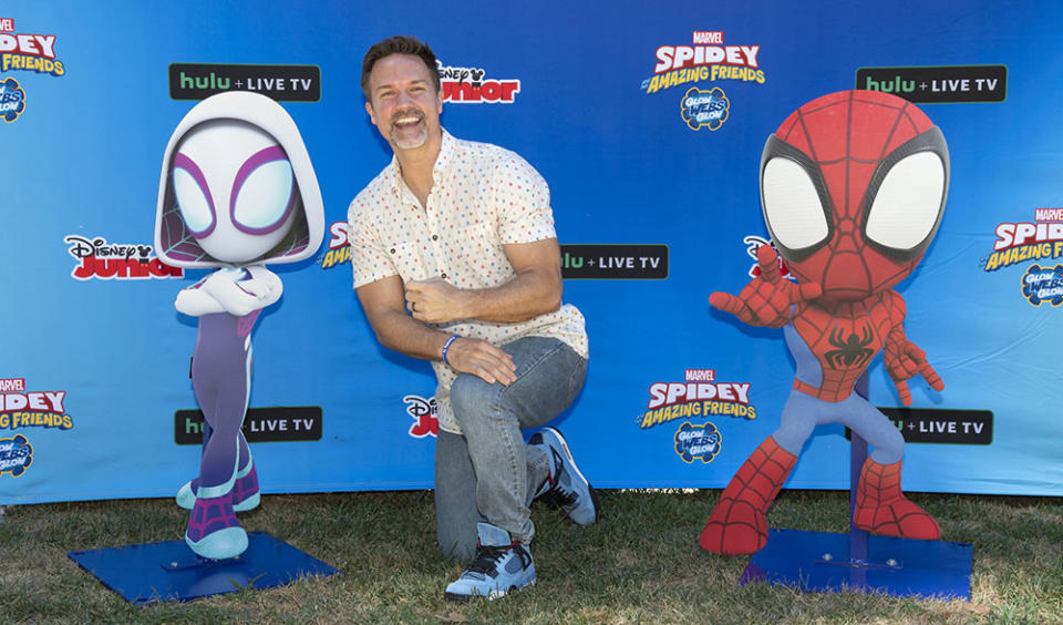 SCOTT PORTER attend the "Glow Webs Glow" event celebrating the second season of "Marvel's Spidey and his Amazing Friends" at The Battery Conservancy in New York City on Aug. 12, 2022.