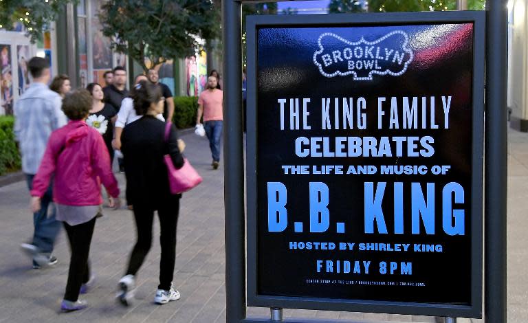 A sign outside Brooklyn Bowl Las Vegas at The LINQ Promenade advertises a celebration of the life and music of blues musician B.B. King hosted by his daughter Shirley King on May 22, 2015