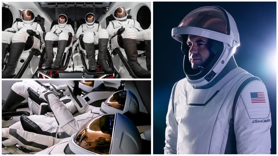 Top and bottom left: The four Polaris Dawn crew members are seen inside their spacesuits, which have copper-tinted visors and an array of key updates from SpaceX's typical flight suits. Right: Polaris Dawn mission commander Jared Isaacman is shown in his SpaceX EVA and flight suit. - CNN/Polaris Program