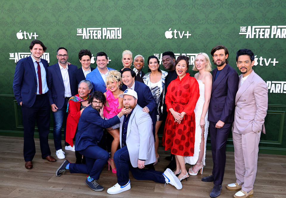 (L-R) Zach Woods, Anthony King, Jade Wu, Phil Lord, John Gemberling, Chris Miller, Poppy Liu, Ken Jeong, Elizabeth Perkins, Paul Walter Hauser, Tiffany Haddish, Zoe Chao, Sam Richardson, Vivian Wu, Anna Ryan Konkle, Jack Whitehall and John Cho attend the red carpet premiere for Apple TV+'s "The Afterparty" at Regency Bruin Theatre on June 28, 2023 in Los Angeles, California.