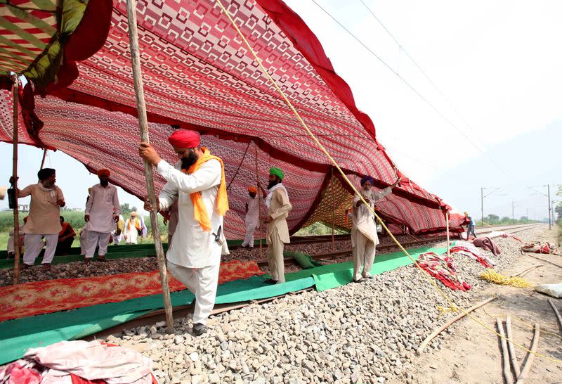 Protest against farm bills passed by India's parliament, in Devi Dasspura village