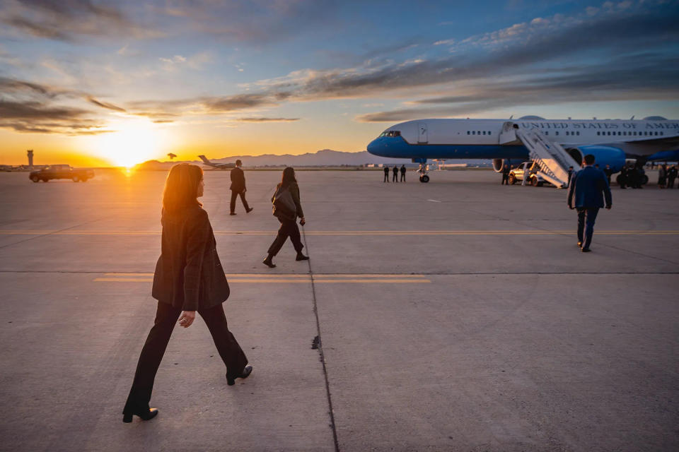 Vice President Kamala Harris boards Air Force Two at Luke Air Force Base.