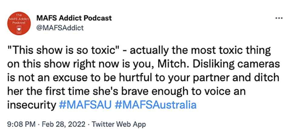 Tweet about MAFS' Mitch
