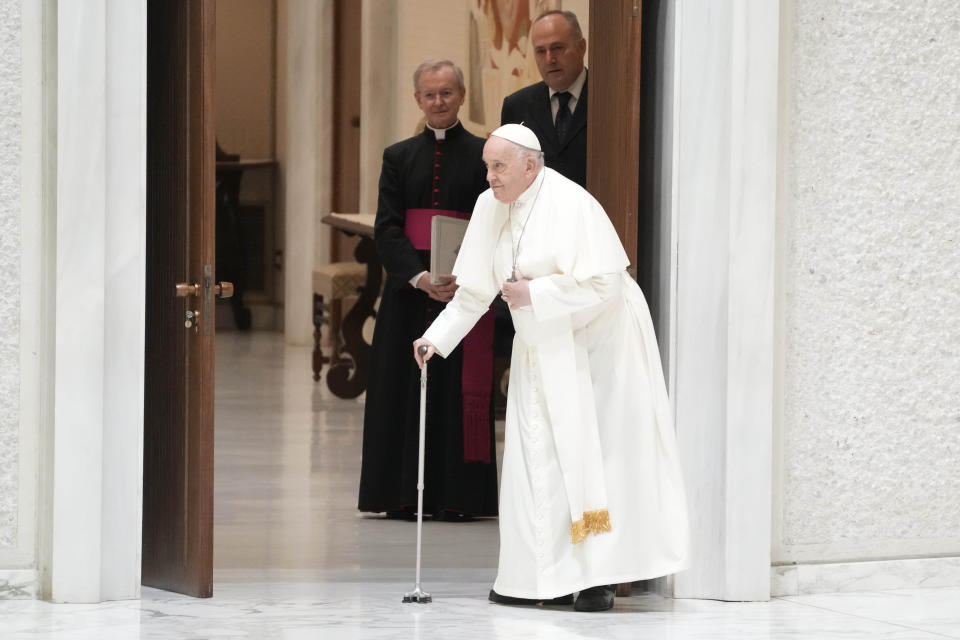 Pope Francis arrives in the Paul VI hall on the occasion of the weekly general audience at the Vatican, Wednesday, March 27, 2024. (AP Photo/Gregorio Borgia)