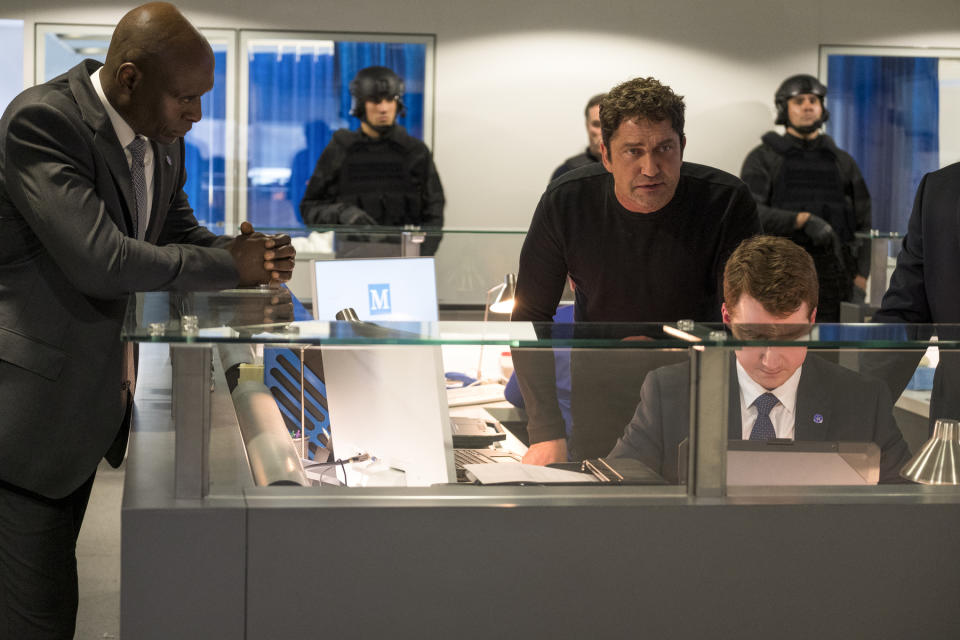 This image released by Lionsgate shows Lance Reddick, left, and Gerard Butler in "Angel Has Fallen," directed by Ric Roman Waugh. Hollywood's summer season came to a close Sunday, Sept. 1, 2019, with a whimper, as Butler's action thriller topped the box office for the second weekend and ticket sales on the season finished 2% behind last year. The Labor Day weekend is traditionally a quiet one for movie theaters. No major releases entered the marketplace, allowing the third installment in the “Fallen” series to stay on top with an estimated $11.6 million. (Jack English/Lionsgate via AP)