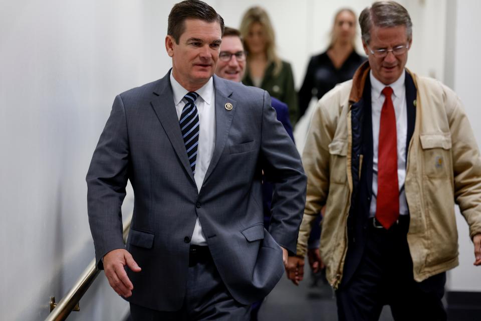 Rep. Austin Scott, R-Ga., and Rep. Tim Burchett, R-Tenn., depart meeting with House Republicans at the U.S. Capitol Building on October 19, 2023 in Washington, DC.