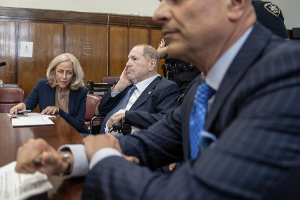 Harvey Weinstein appears at Manhattan criminal court for a preliminary hearing on Wednesday, May 1, 2024 in New York. Weinstein made first appearance since his 2020 rape conviction was overturned by an appeals court last week. (David Dee Delgado/Pool Photo via AP)