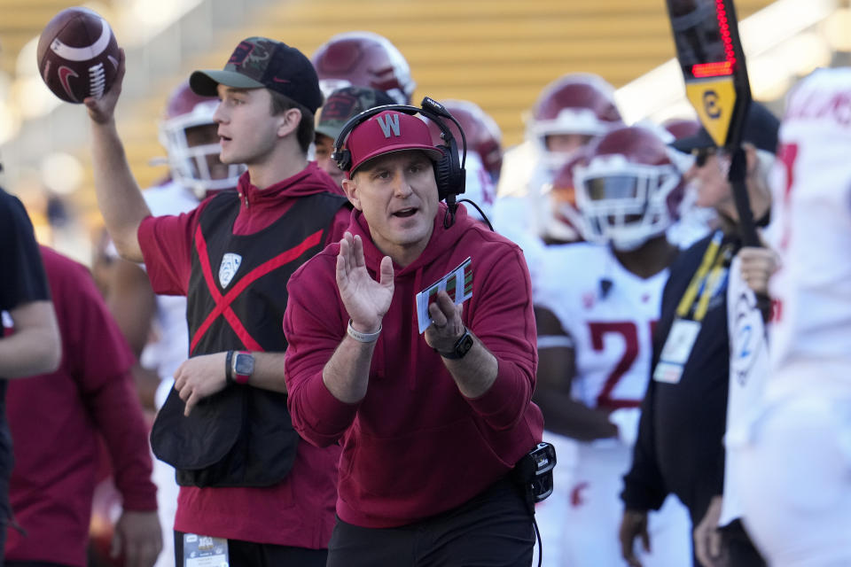 Washington State head coach Jake Dickert reacts during the first half of an NCAA college football game against California on Saturday, Nov. 11, 2023, in Berkeley, Calif. (AP Photo/Godofredo A. Vásquez)