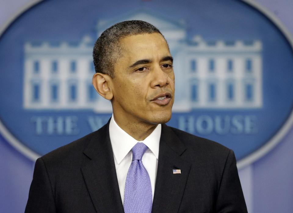 FILE - In this Dec. 20, 2013 file photo, President Barack Obama speaks during an end-of-the year news conference in the Brady Press Briefing Room at the White House in Washington. The president is hosting a series of meetings this week with lawmakers, privacy advocates and intelligence officials as he nears a final decision on changes to the government's controversial surveillance programs. (AP Photo/Pablo Martinez Monsivais, File)