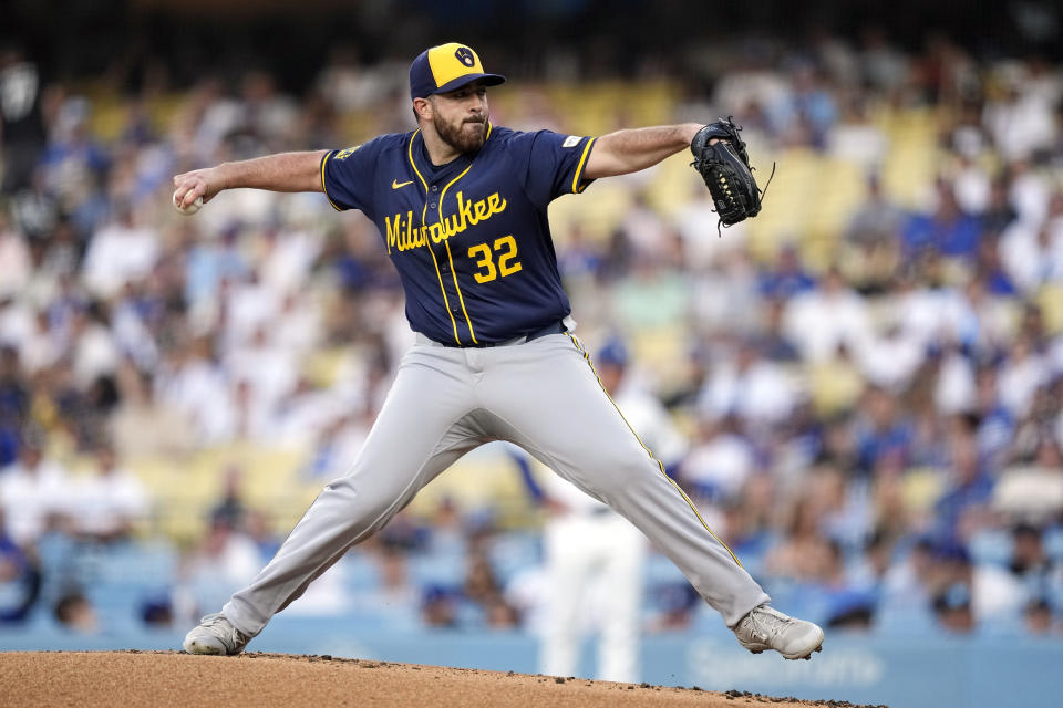 Milwaukee Brewers starting pitcher Aaron Civale throws to the plate during the first inning of a baseball game against the Los Angeles Dodgers Friday, July 5, 2024, in Los Angeles. (AP Photo/Mark J. Terrill)