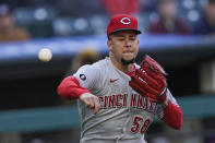 Cincinnati Reds starting pitcher Luis Castillo throws out Cleveland Indians' Austin Hedges at first base after a bunt during the second inning of a baseball game Saturday, May 8, 2021, in Cleveland. (AP Photo/Tony Dejak)