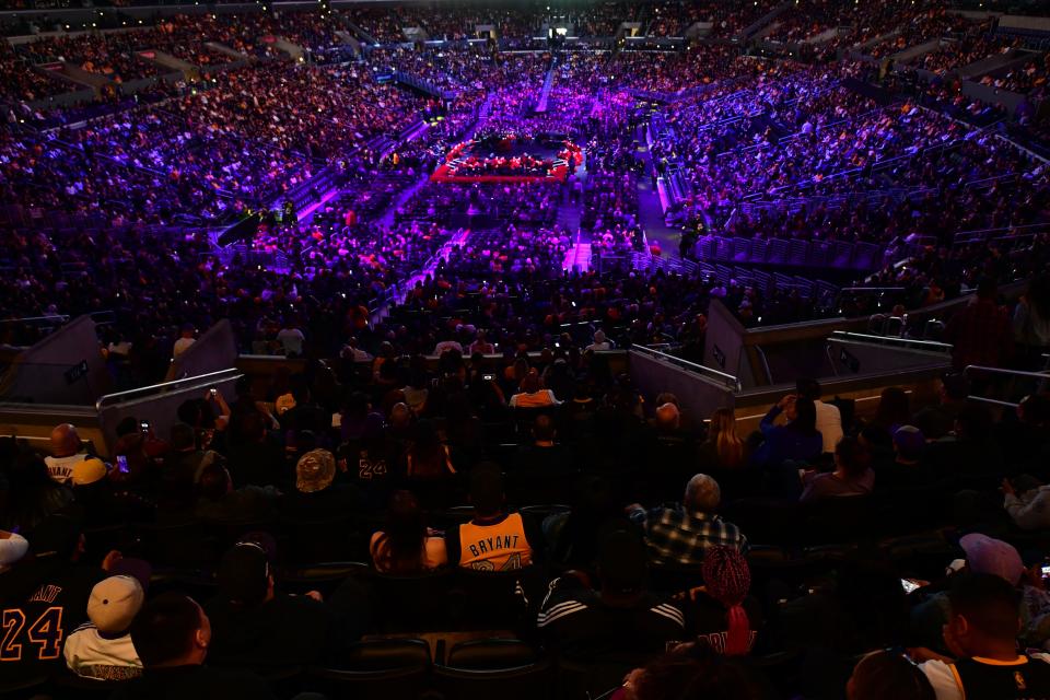 People arrive to attend the "Celebration of Life for Kobe and Gianna Bryant" service at Staples Center in Downtown Los Angeles on February 24, 2020. (Photo by Frederic J. BROWN / AFP) (Photo by FREDERIC J. BROWN/AFP via Getty Images)