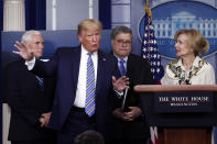 President Donald Trump gestures as he asks a question to Dr. Deborah Birx, White House coronavirus response coordinator, during a briefing about the coronavirus in the James Brady Briefing Room, Monday, March 23, 2020, in Washington. (AP Photo/Alex Brandon)