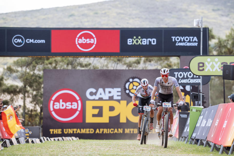Matt Beers and Christopher Blevins, Team Toyota-Specialized-NinetyOne  during the Prologue of the 2023 Absa Cape Epic Mountain Bike stage race held at Meerendal Wine Estate, Durbanville, Cape Town, South Africa on the 19th March 2023