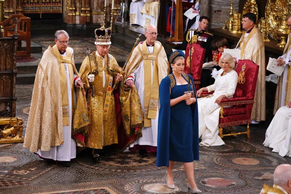 Camilla, Queen Consort looks on as Penny Mordaunt leads King Charles III wearing the St Edward's Crown during his coronation ceremony in Westminster Abbey (Getty Images)