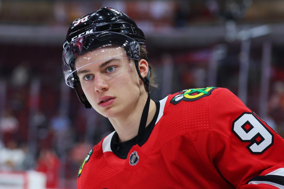 Blackhawks forward Connor Bedard looks on before the preseason game against the Red Wings on Tuesday, Oct. 3, 2023, in Chicago.