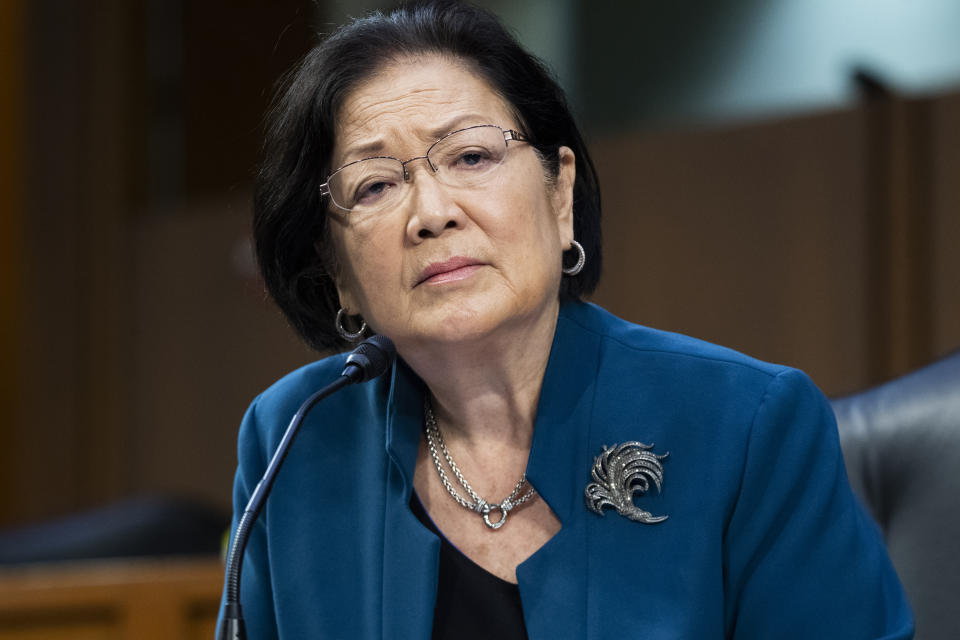 FILE - In this Sept. 29, 2021, file photo Sen. Mazie Hirono, D-Hawaii, listens during the Senate Judiciary Committee hearing to examine Texas's abortion law on Capitol Hill in Washington. Many progressives have started lining up behind an emerging social and environment bill that’s neither as big or bold as they’d wanted. “Of course I don’t like it,” said Hirono, of the outsized influence moderates have had in compressing the package and erasing some of its provisions. But she said with Democratic unity needed, the party should use the bill to “open the door” to its priorities and then try extending and expanding them later. (Tom Williams/Pool via AP, File)