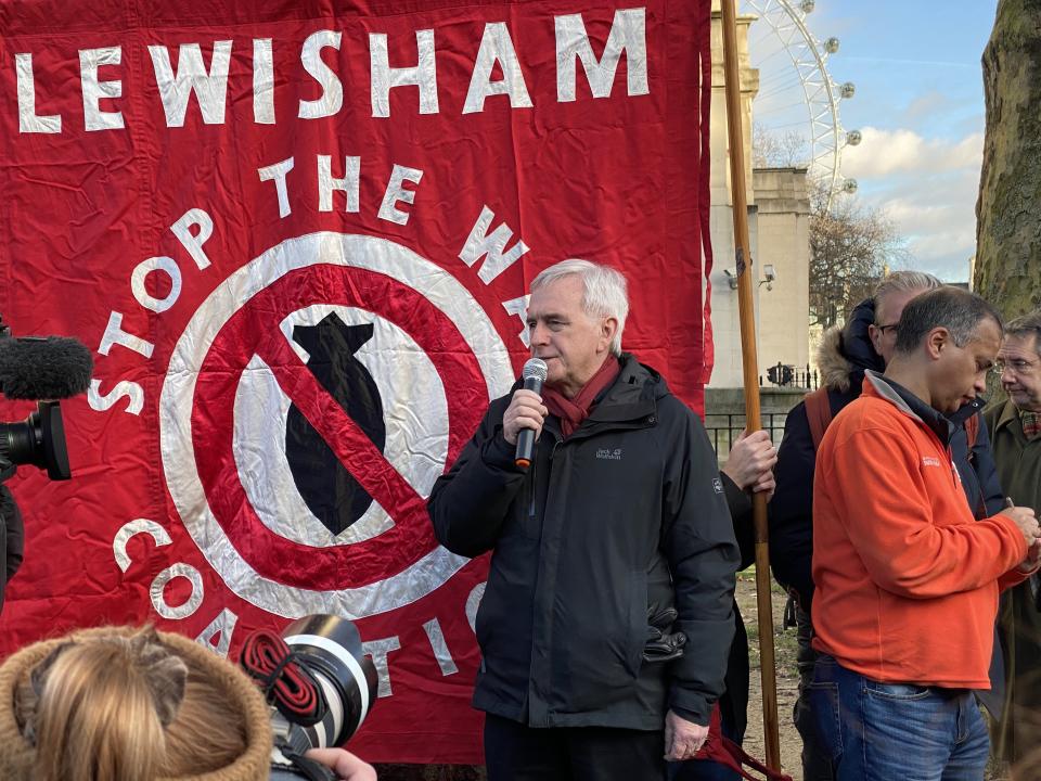 LONDON, UNITED KINGDOM - JANUARY 04 : Shadow Chancellor of the Exchequer, John McDonnell speaks during an anti-war rally following the killing of Iranian Revolutionary Guards' Quds Force commander Qasem Soleimani by a US airstrike in the Iraqi capital Baghdad, on January 04, 2020 at Downing Street in London, United Kingdom. (Photo by Ilyas Tayfun Salci/Anadolu Agency via Getty Images)