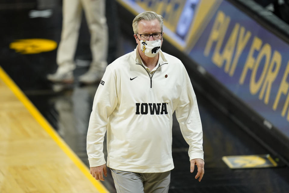 Iowa head coach Fran McCaffery walks off the court after an NCAA college basketball game against Indiana, Thursday, Jan. 21, 2021, in Iowa City, Iowa. Indiana won 81-69. (AP Photo/Charlie Neibergall)