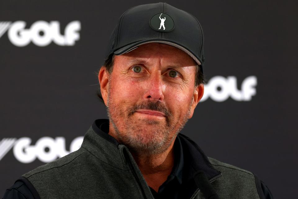 <p>Chris Trotman/LIV Golf/Getty Images</p> Phil Mickelson at a press conference on June 8, 2022, in St Albans, England